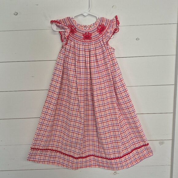 Girls Smocked Gingham Dress With Crab Embroidery & Flutter Sleeves - Picture 1 of 8
